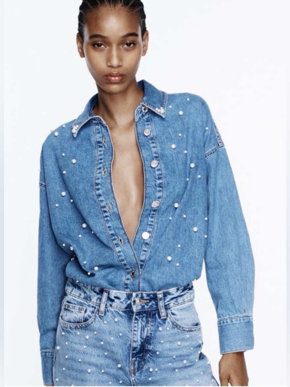 Zara Medium Blue Wash Denim Button-Up Blouse | Rhinestones |  New | Small